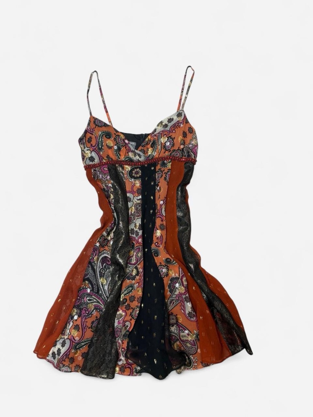 Muse Paisley Patchwork Spaghetti-Strap Mini Dress in Rust, Black & Pink